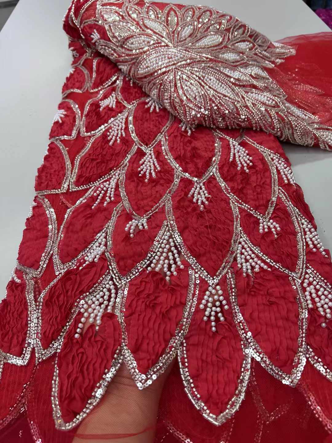 Sewing Net - Beaded 3D Lace Fabric Red Lace